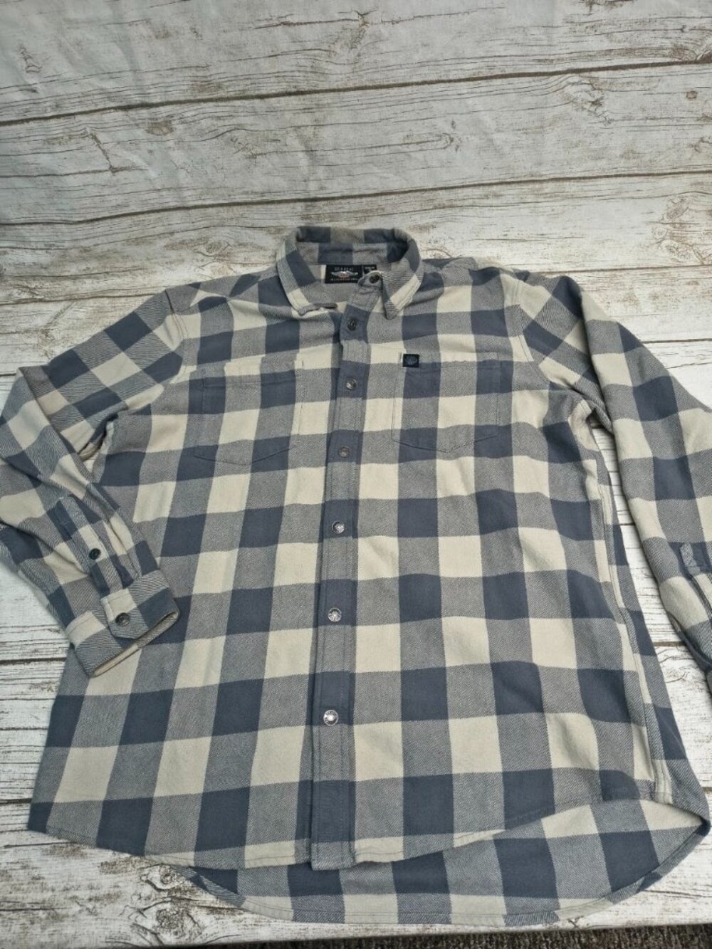 Harley Davidson Gray Cream Oversized Check Button-Up Shirt Size Medium
